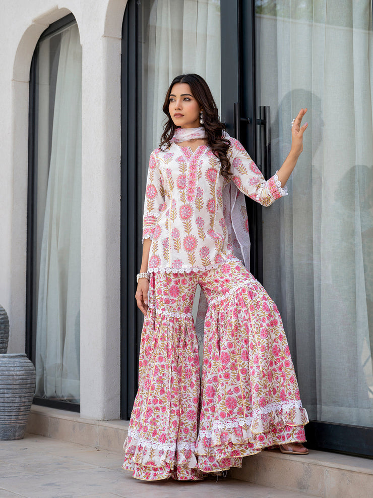 Divena White Floral Print Pure Cotton Kurta Sharara Set for Women