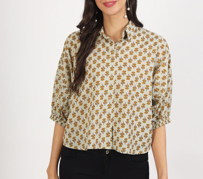 Divena Green Floral Printed Cotton Tops