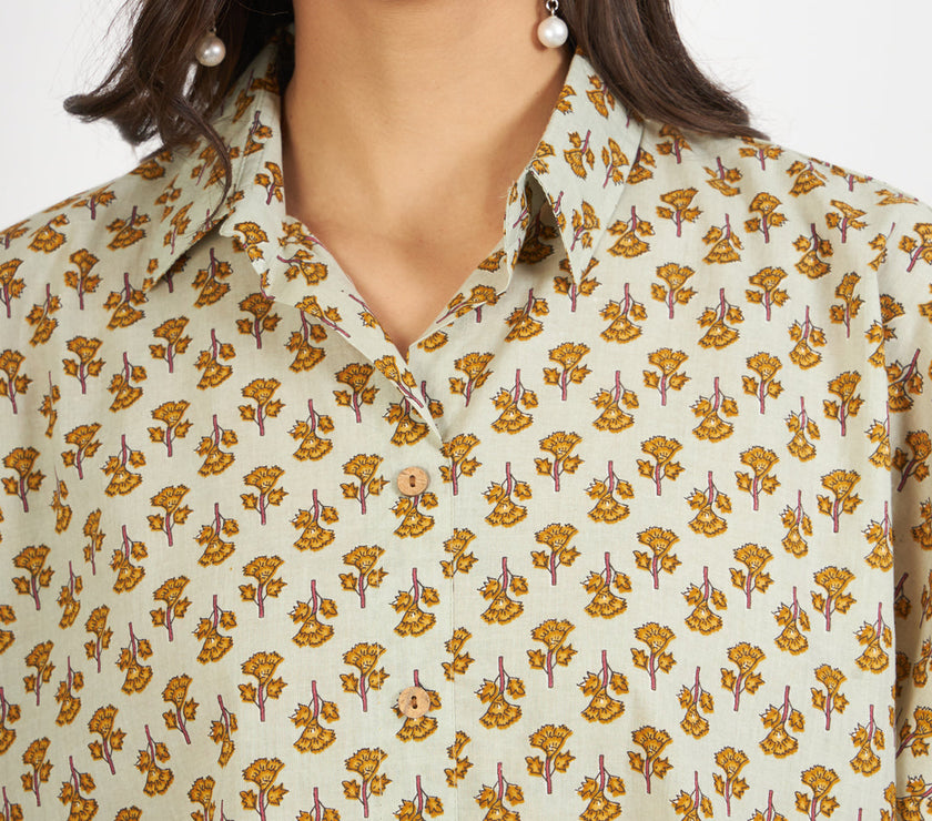 Divena Green Floral Printed Cotton Tops