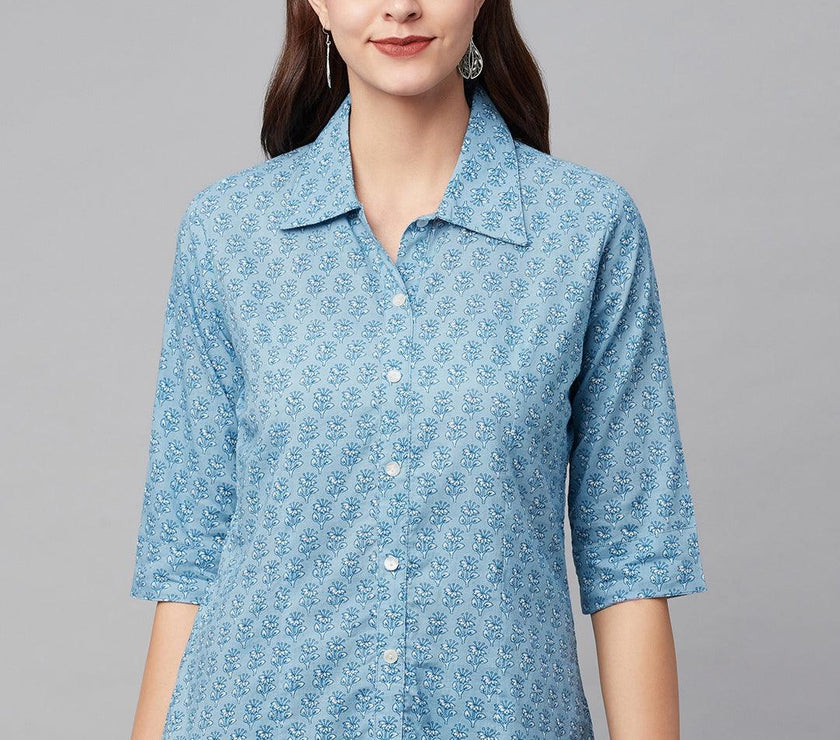 Divena Sky Blue Block Printed Casual Women Shirts - divena world