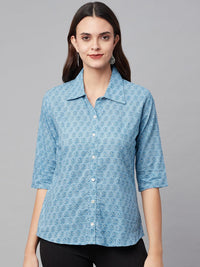 Divena Sky Blue Block Printed Casual Women Shirts - divena world