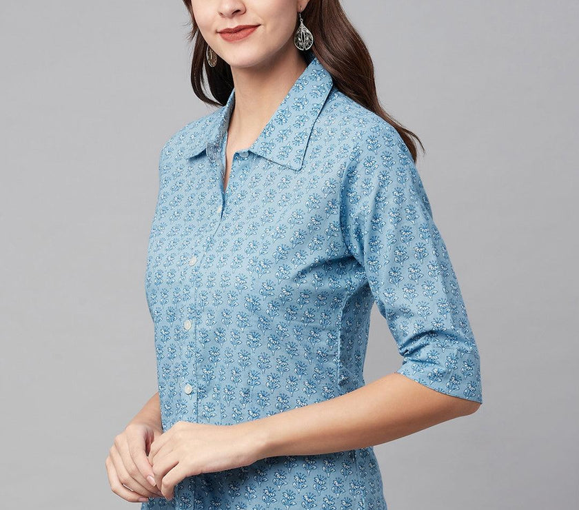 Divena Sky Blue Block Printed Casual Women Shirts - divena world