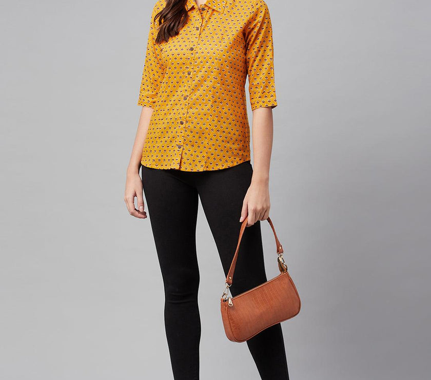 Divena Yellow Block Printed Casual Women Shirts - divena world