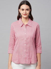 Divena Baby Pink Block Printed Casual Women Shirts - divena world