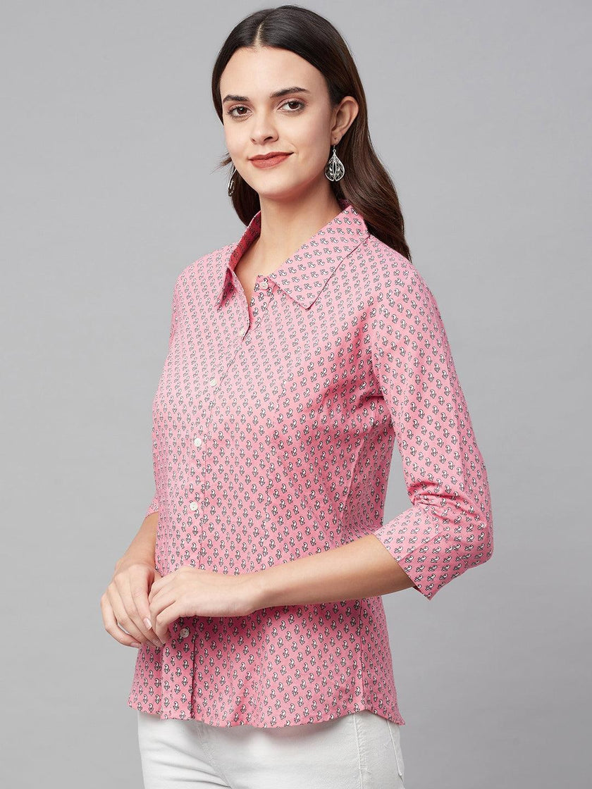 Divena Baby Pink Block Printed Casual Women Shirts - divena world