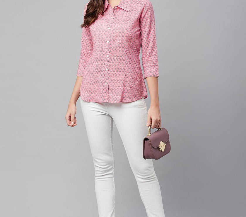 Divena Baby Pink Block Printed Casual Women Shirts - divena world