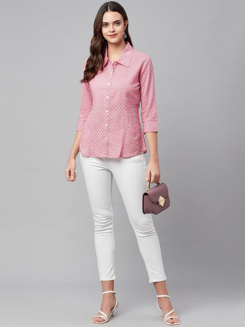 Divena Baby Pink Block Printed Casual Women Shirts - divena world