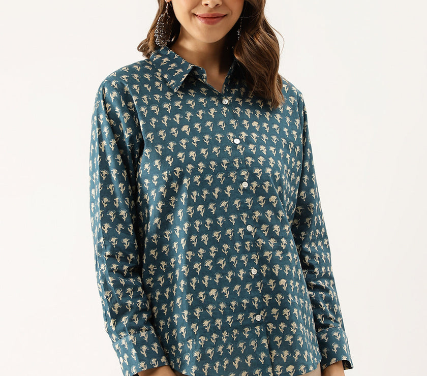 Divena Turquoise Blue Ethnic Motif Printed Casual Women Shirts