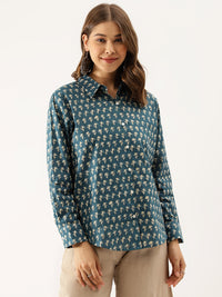 Divena Turquoise Blue Ethnic Motif Printed Casual Women Shirts