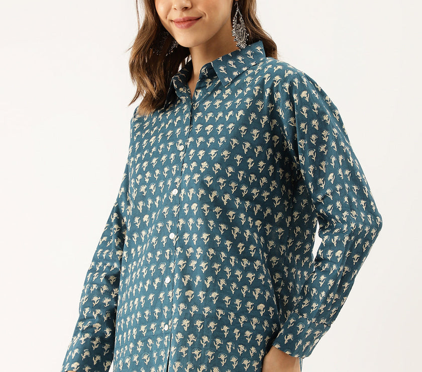 Divena Turquoise Blue Ethnic Motif Printed Casual Women Shirts