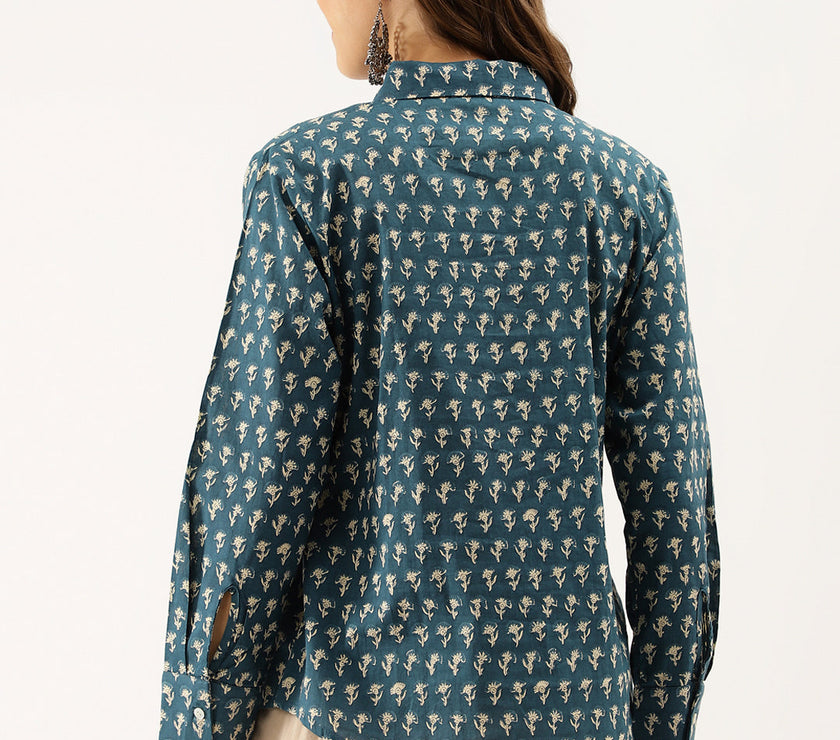 Divena Turquoise Blue Ethnic Motif Printed Casual Women Shirts