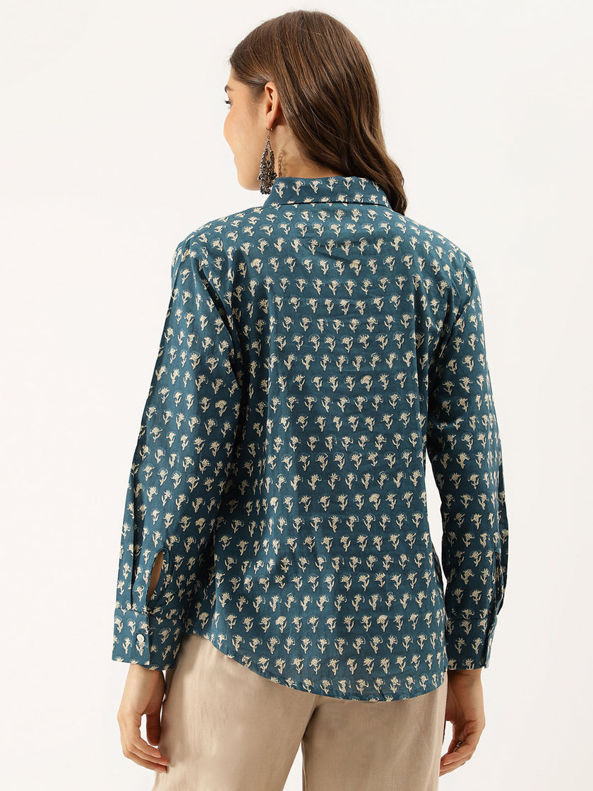 Divena Turquoise Blue Ethnic Motif Printed Casual Women Shirts