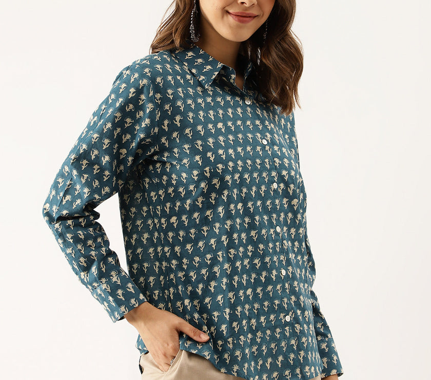 Divena Turquoise Blue Ethnic Motif Printed Casual Women Shirts