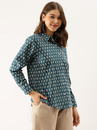 Divena Turquoise Blue Ethnic Motif Printed Casual Women Shirts