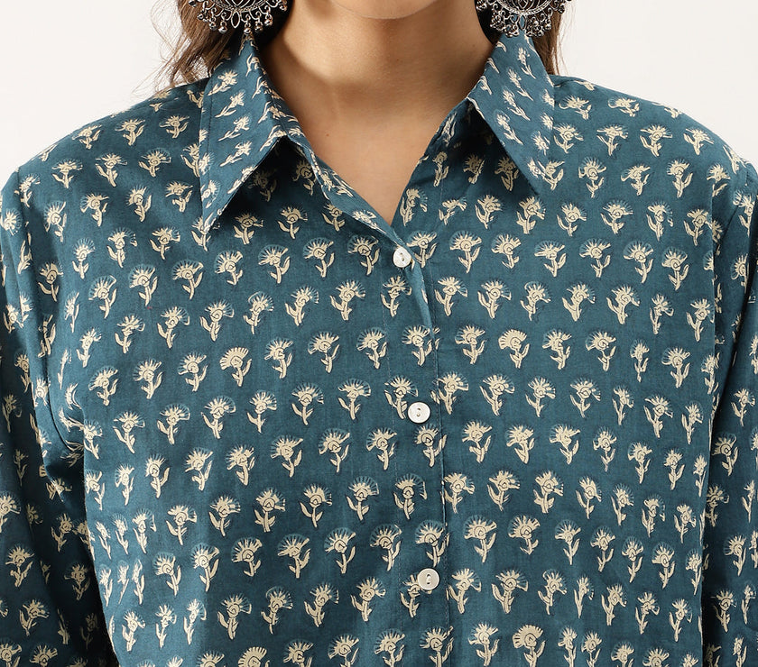 Divena Turquoise Blue Ethnic Motif Printed Casual Women Shirts