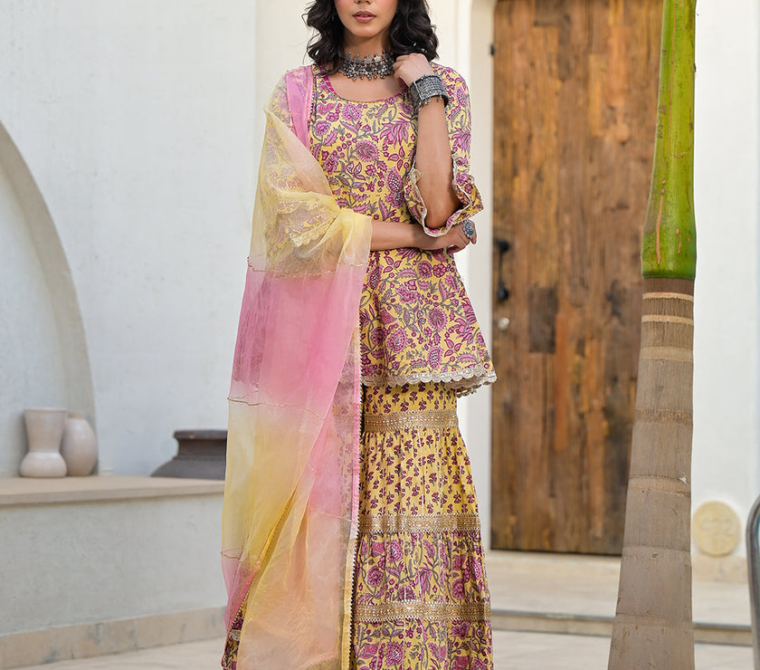 Divena Yellow Floral Print Cotton Kurta Sharara Set for women