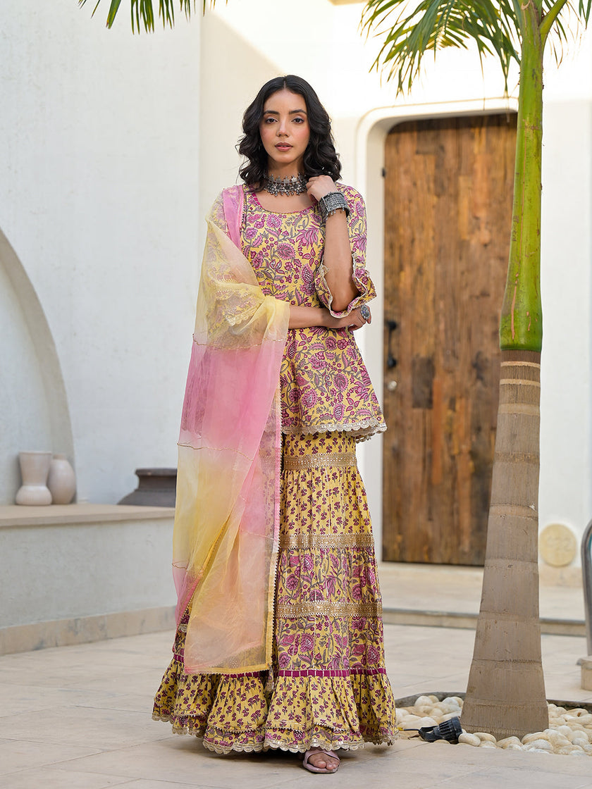 Divena Yellow Floral Print Cotton Kurta Sharara Set for women