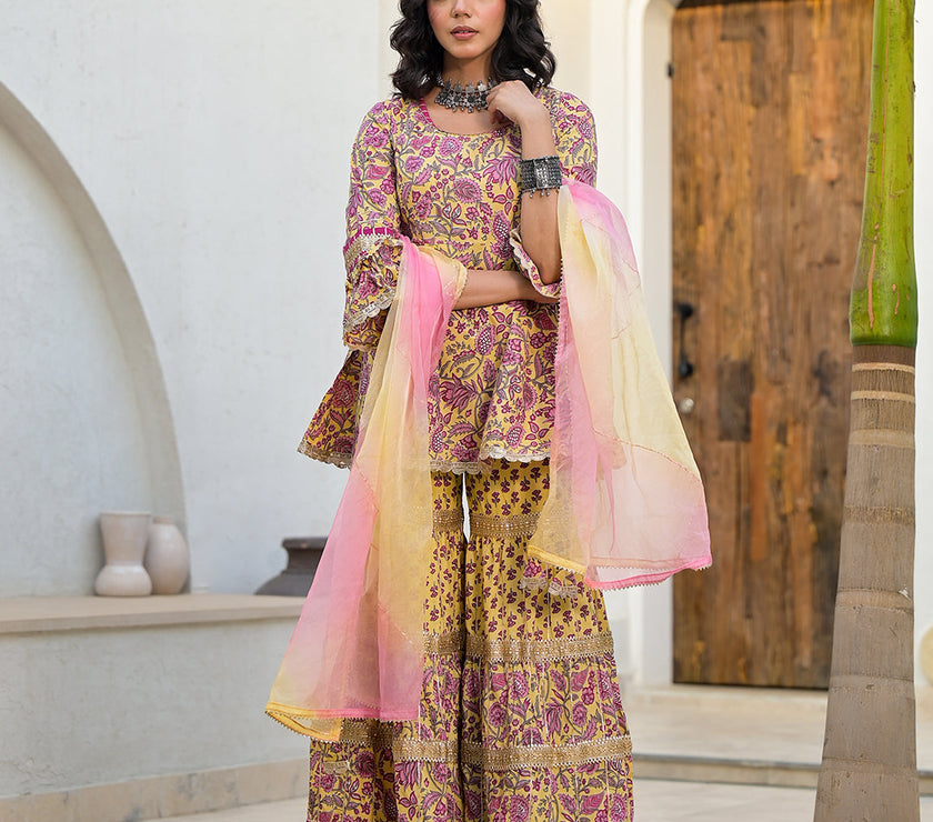 Divena Yellow Floral Print Cotton Kurta Sharara Set for women