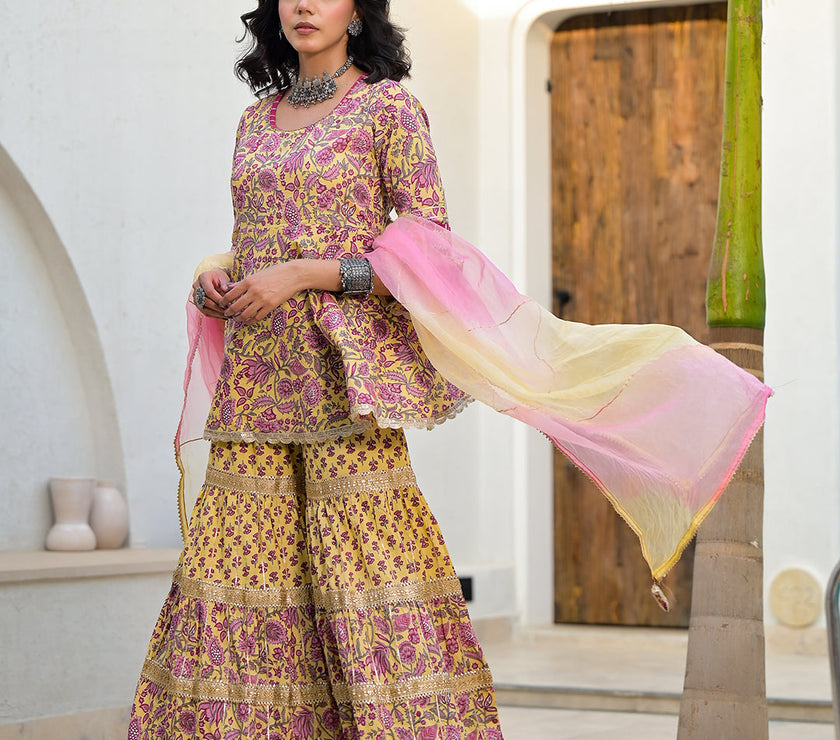 Divena Yellow Floral Print Cotton Kurta Sharara Set for women