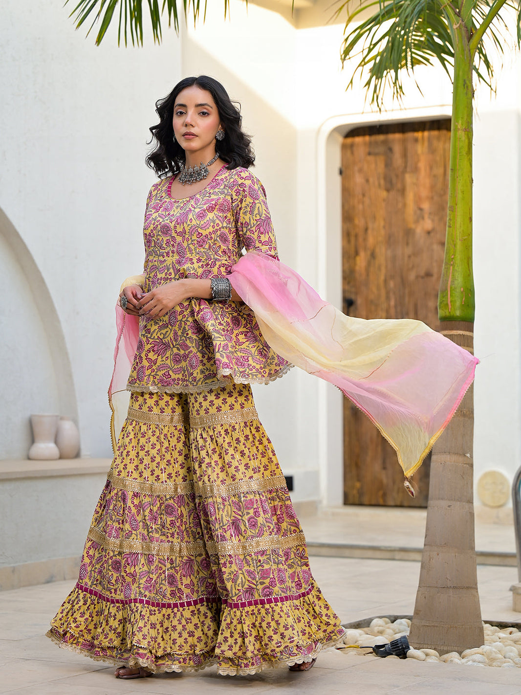 Divena Yellow Floral Print Cotton Kurta Sharara Set for women