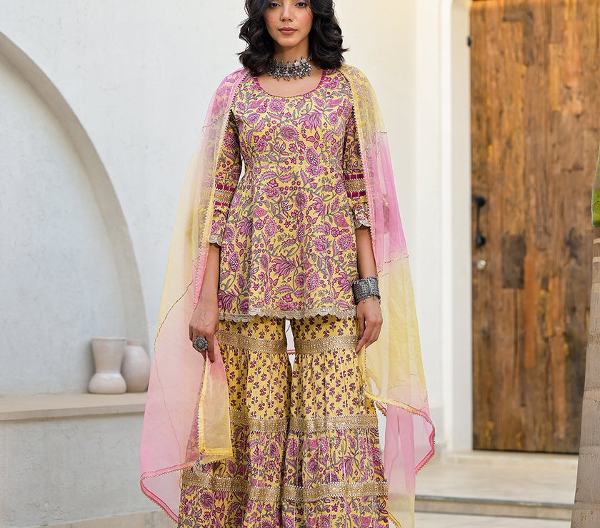 Divena Yellow Floral Print Cotton Kurta Sharara Set for women