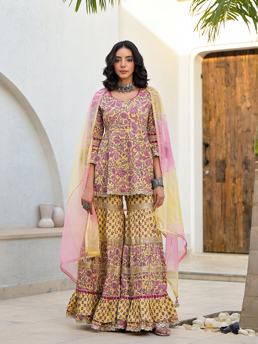 Divena Yellow Floral Print Cotton Kurta Sharara Set for women