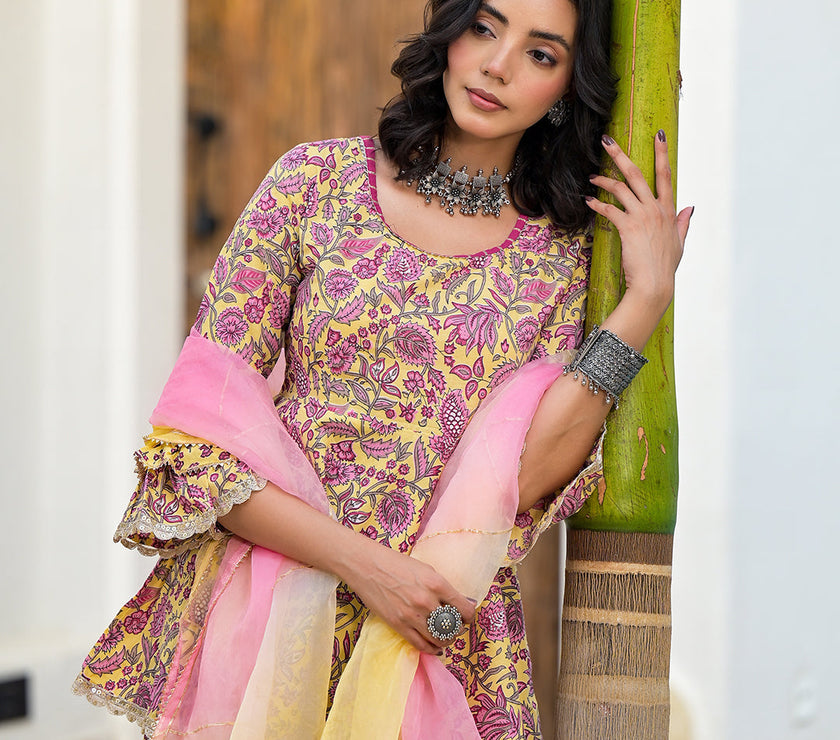 Divena Yellow Floral Print Cotton Kurta Sharara Set for women