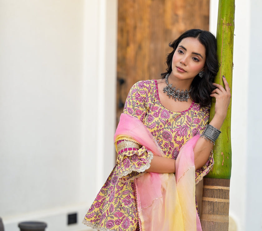 Divena Yellow Floral Print Cotton Kurta Sharara Set for women