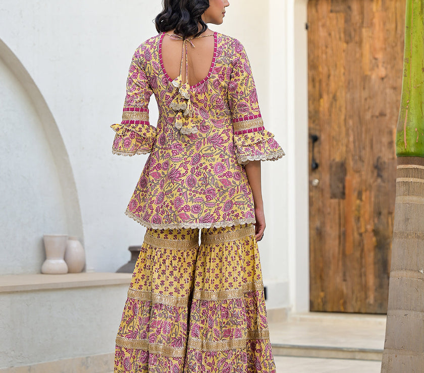 Divena Yellow Floral Print Cotton Kurta Sharara Set for women