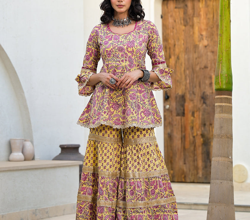 Divena Yellow Floral Print Cotton Kurta Sharara Set for women