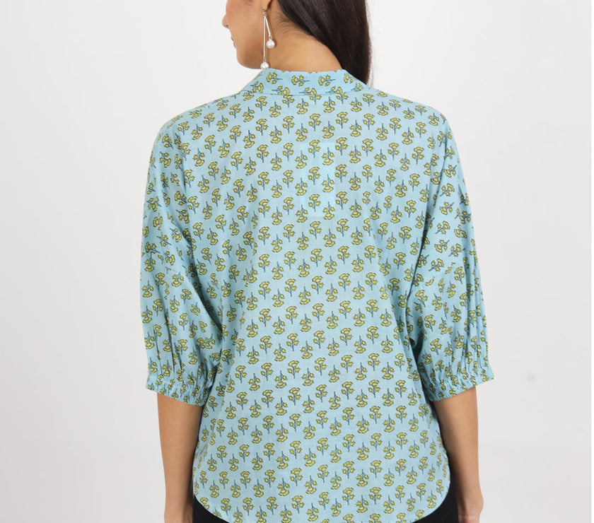 Divena Sky Blue Floral Printed Cotton Tops