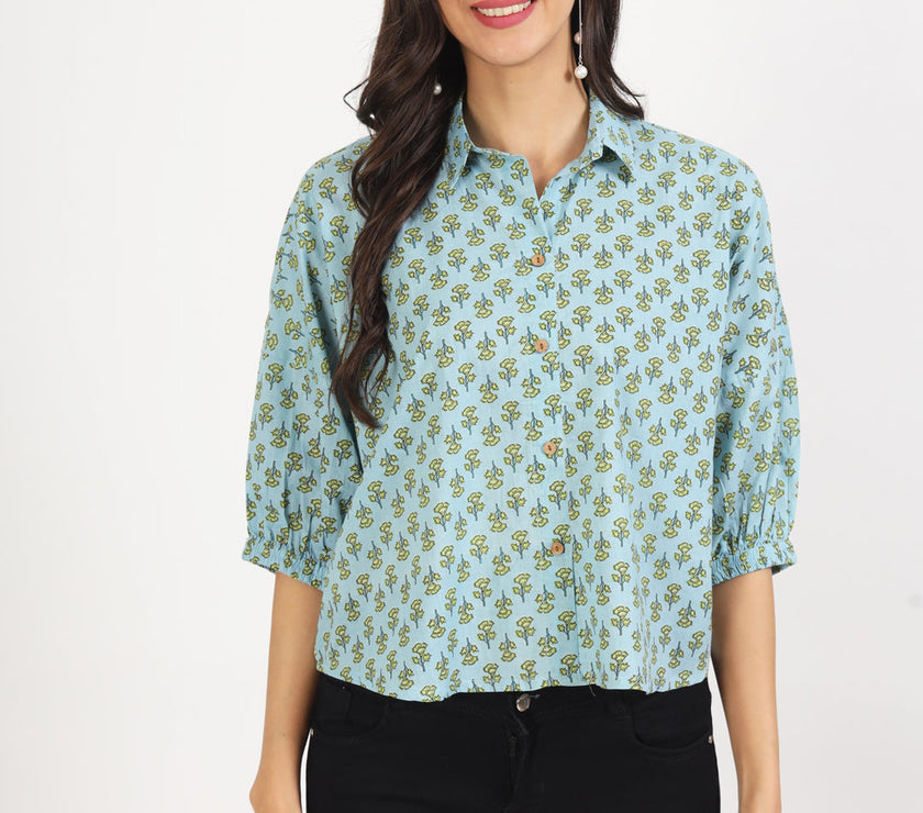 Divena Sky Blue Floral Printed Cotton Tops