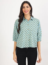 Divena Sky Blue Floral Printed Cotton Tops