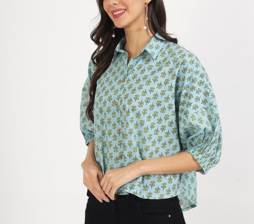 Divena Sky Blue Floral Printed Cotton Tops