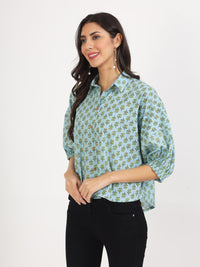 Divena Sky Blue Floral Printed Cotton Tops