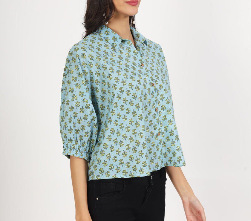 Divena Sky Blue Floral Printed Cotton Tops