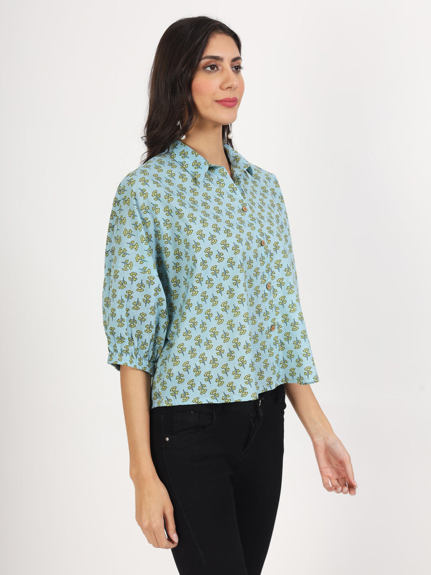 Divena Sky Blue Floral Printed Cotton Tops