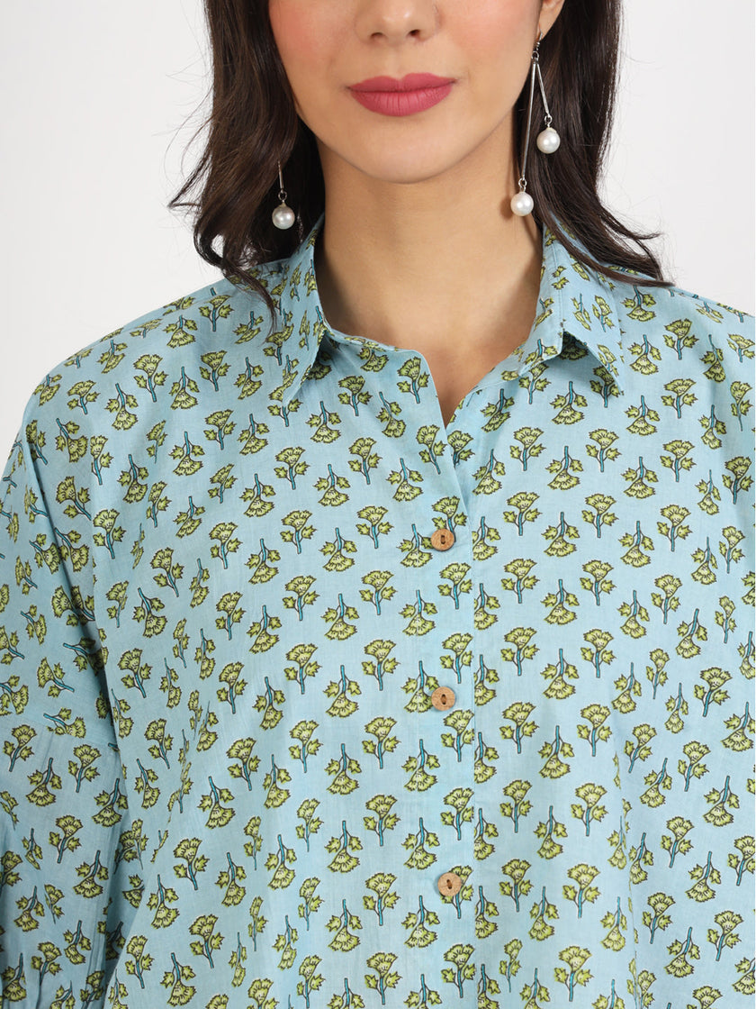 Divena Sky Blue Floral Printed Cotton Tops