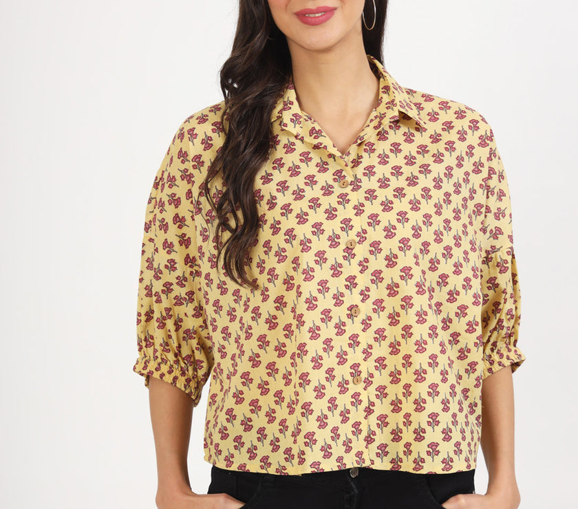 Divena Beige Floral Printed Cotton Tops