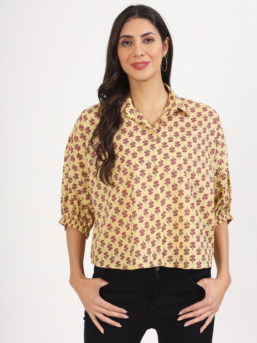 Divena Beige Floral Printed Cotton Tops