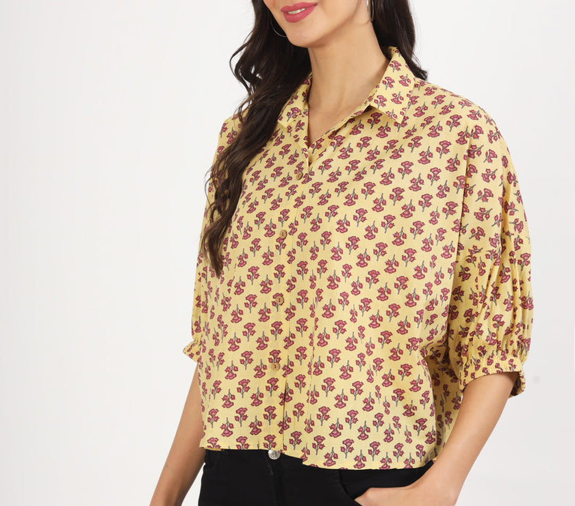 Divena Beige Floral Printed Cotton Tops