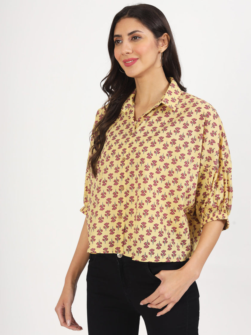 Divena Beige Floral Printed Cotton Tops