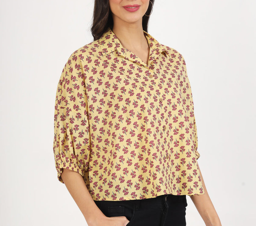 Divena Beige Floral Printed Cotton Tops