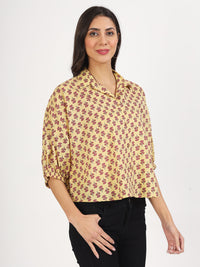 Divena Beige Floral Printed Cotton Tops