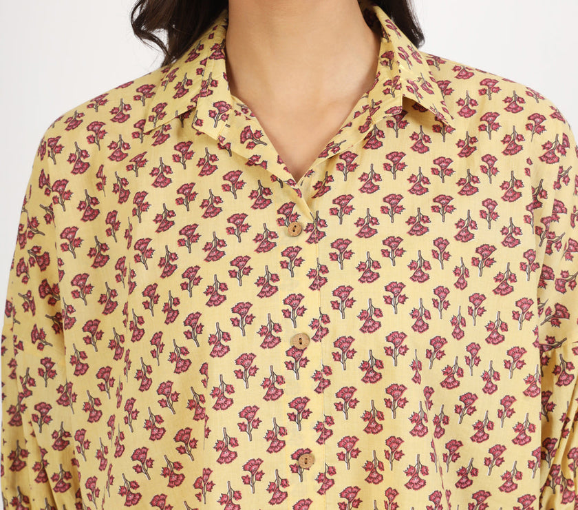 Divena Beige Floral Printed Cotton Tops