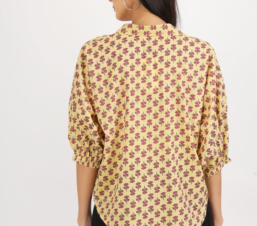 Divena Beige Floral Printed Cotton Tops