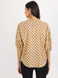 Divena Beige Floral Printed Cotton Tops