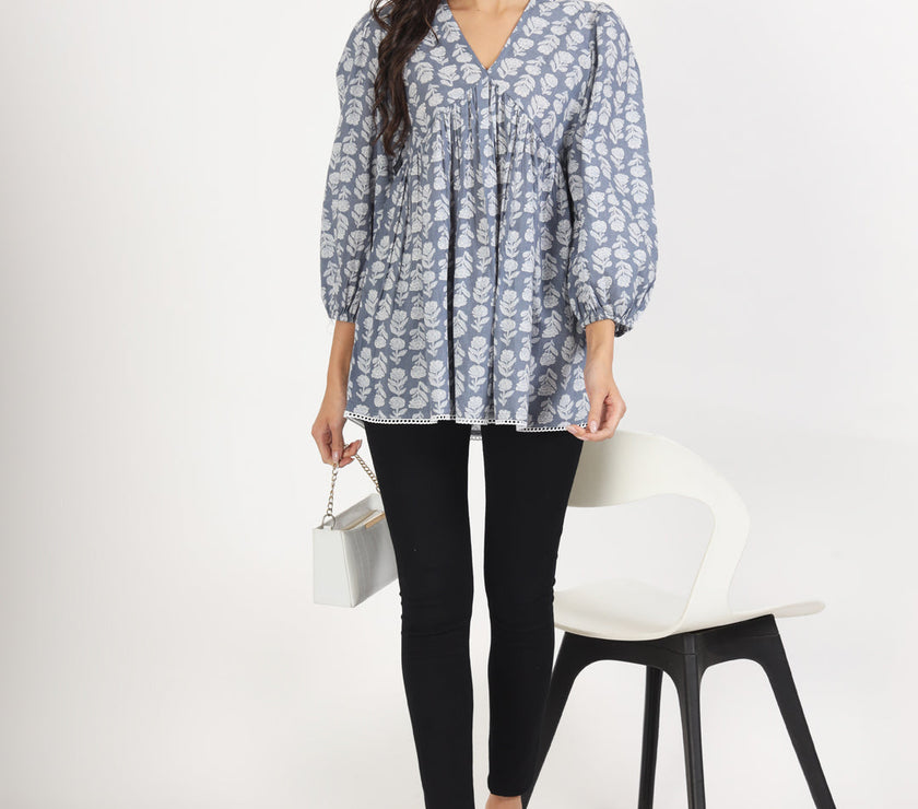 Divena Grey White Floral Printed Cotton Top