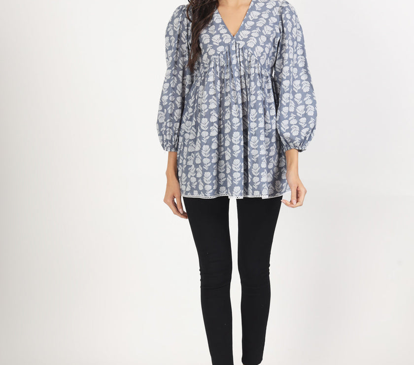 Divena Grey White Floral Printed Cotton Top