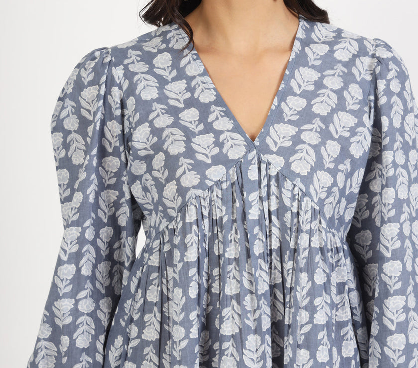 Divena Grey White Floral Printed Cotton Top